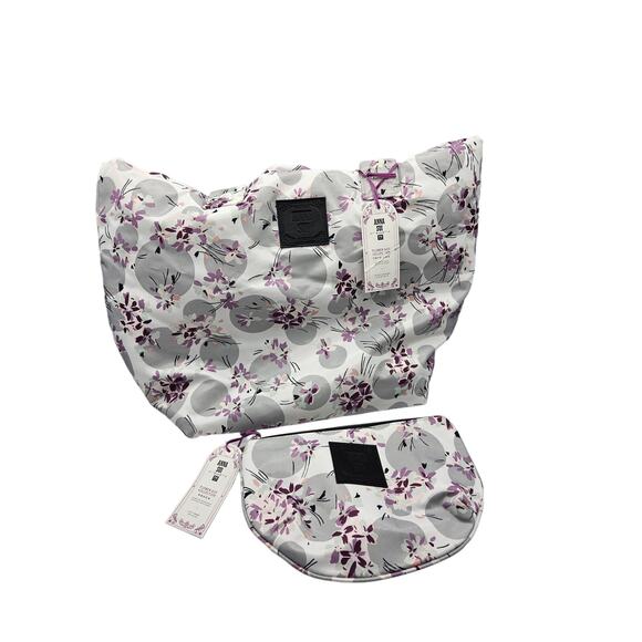 Anna Sui for PB Teen Flower Dot Collection Tote and Pouch NWT Gray Purple Floral - Picture 1 of 13